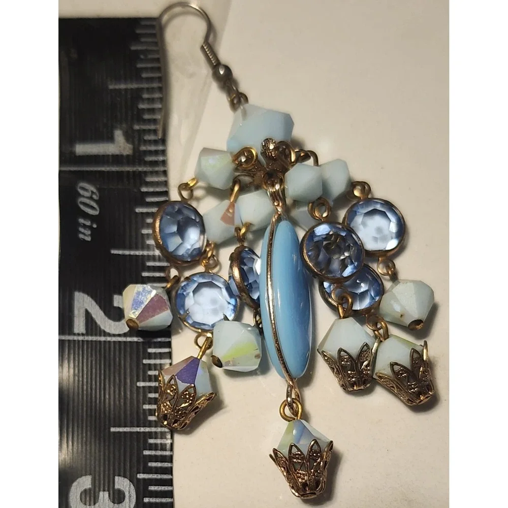 VTG Alice Caviness Blue Aurora Borealis 3 Strand Necklace Chandelier Earrings